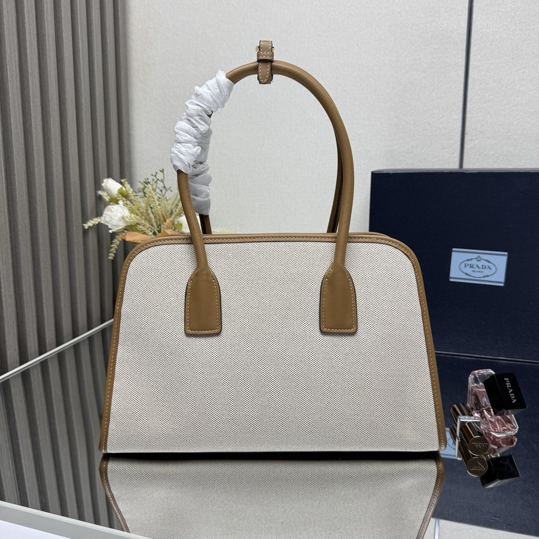 Prada Medium linen blend and leather tote bag 22.5x35x18cm