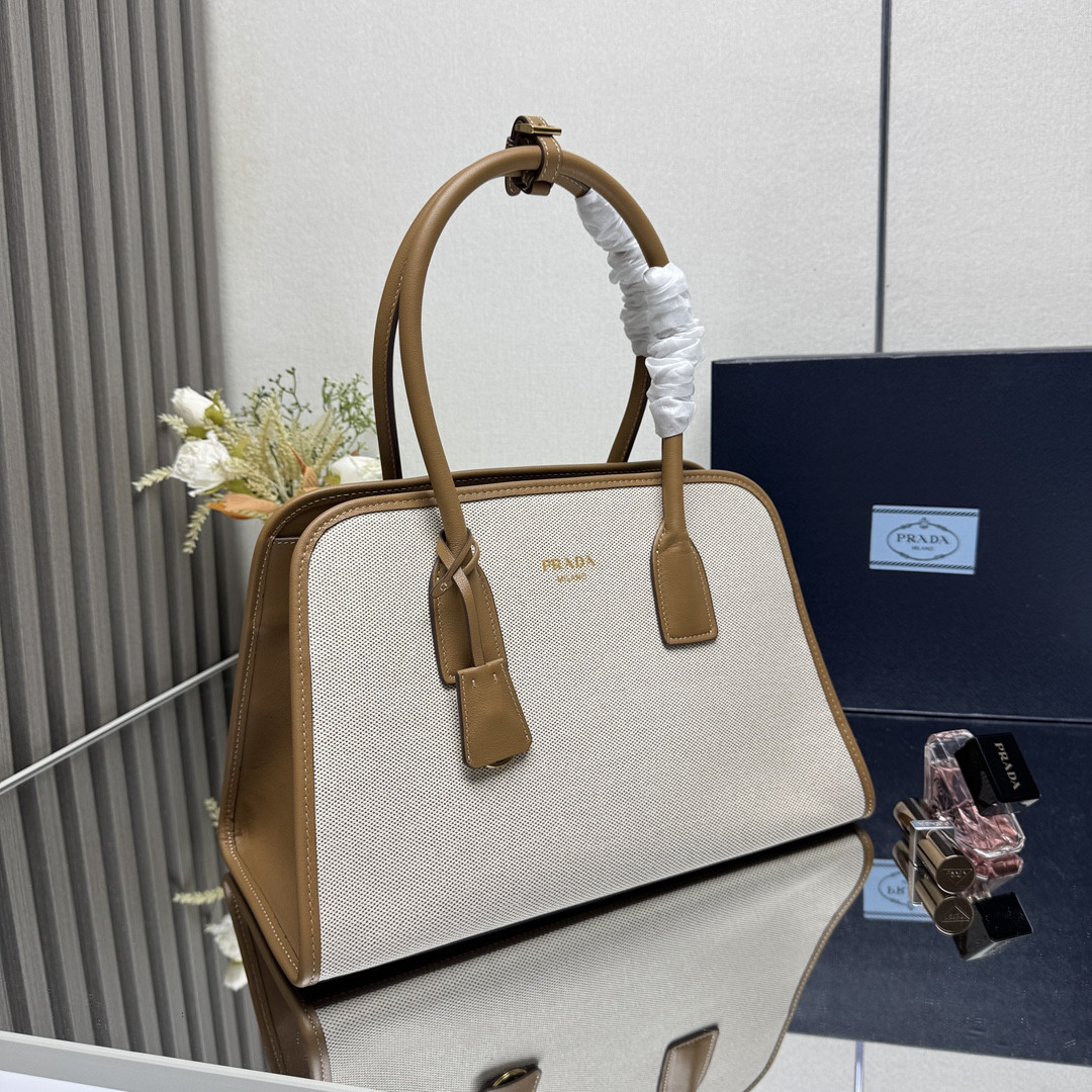 Prada Medium linen blend and leather tote bag 22.5x35x18cm