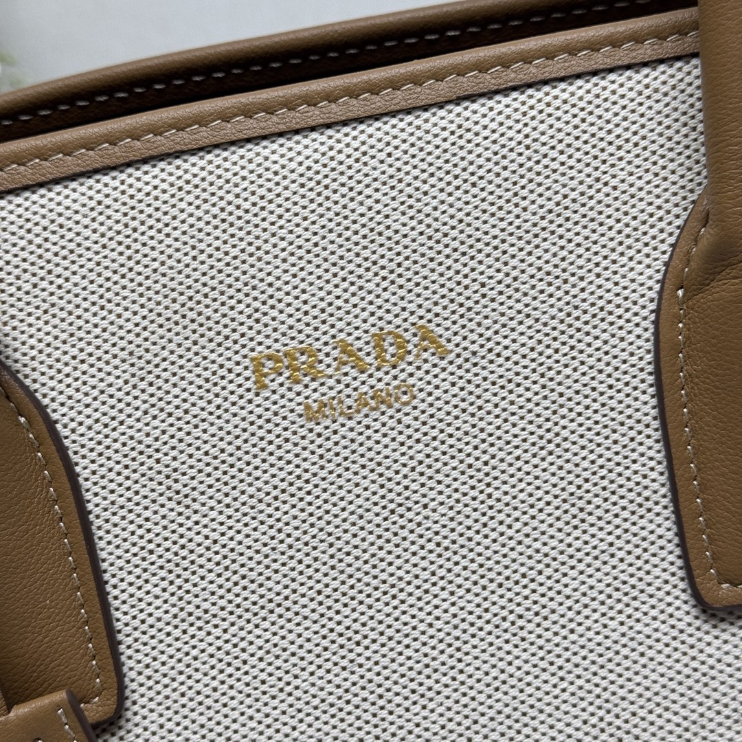 Prada Medium linen blend and leather tote bag 22.5x35x18cm