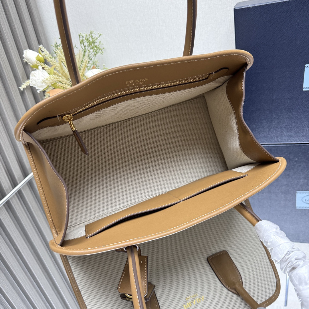 Prada Medium linen blend and leather tote bag 22.5x35x18cm