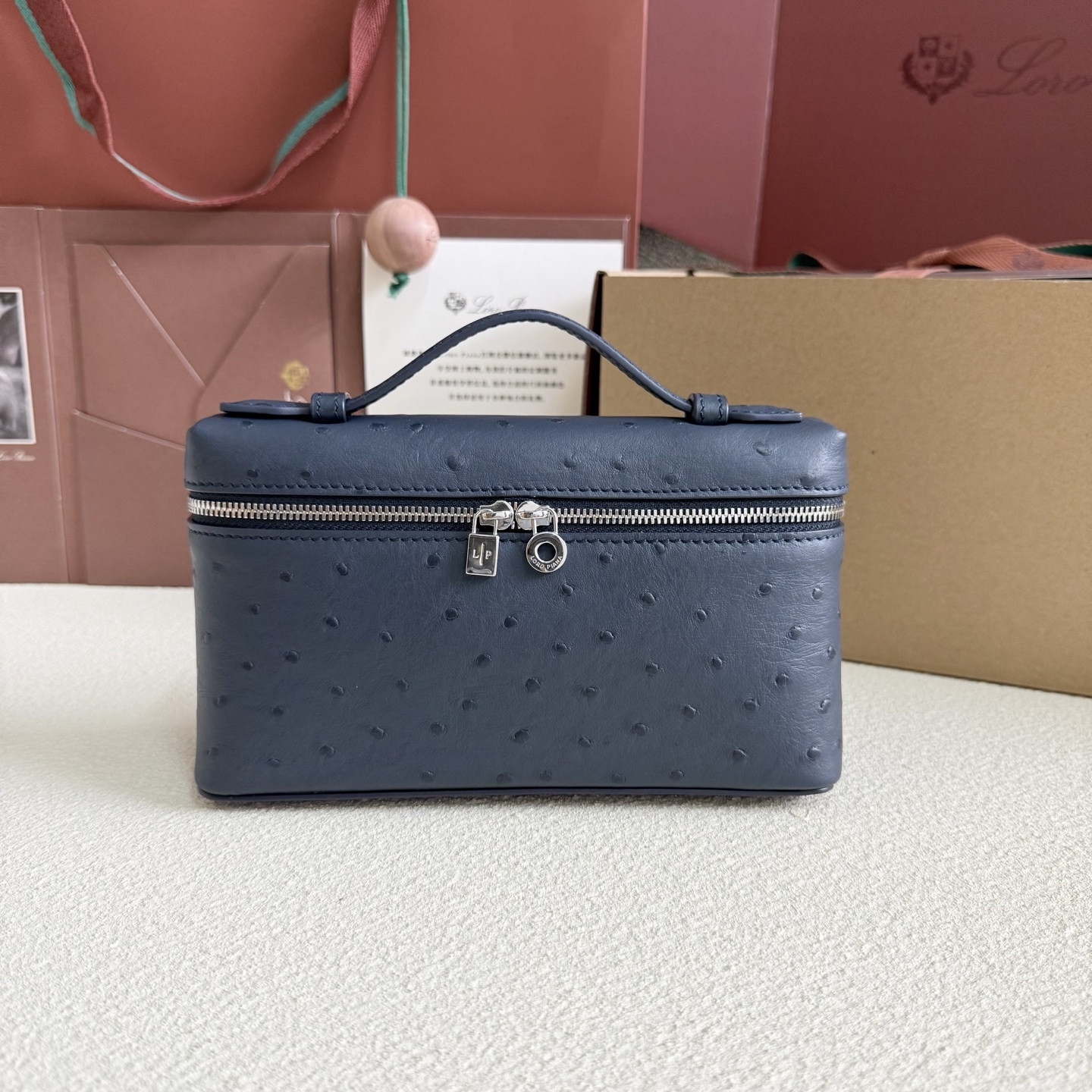 Loro Piana Extra Pocket L19 Ostrich-grained Leather 11 x 19 x 6.5 cm